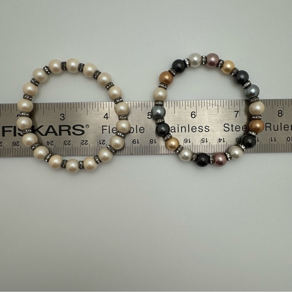 Handmade Faux Pearl Rhinestone Stretch Bracelet Set 2pc Ivory Gray Gold - Picture 10 of 12